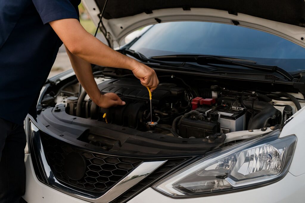 Car being inspected before a long trip, illustrating careful vehicle preparation for safe travel