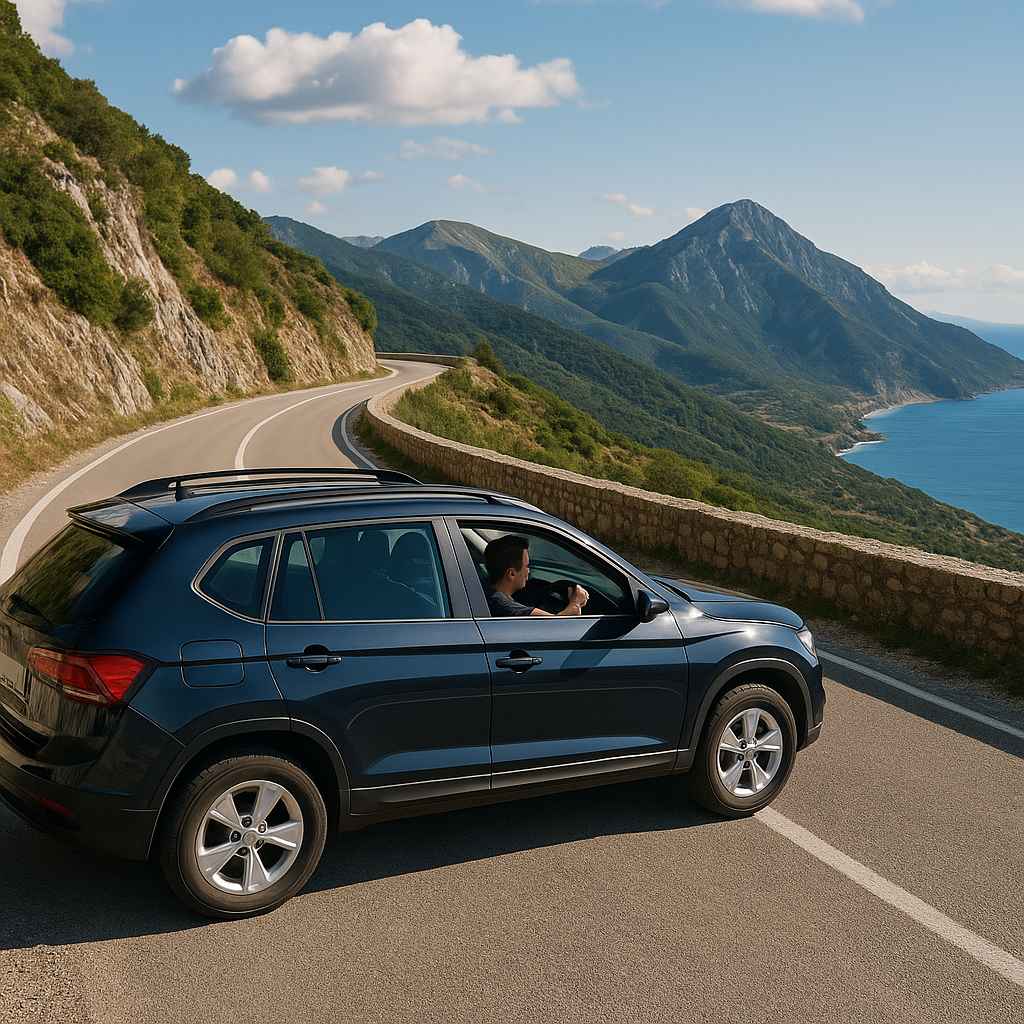 Tourist driving in Albania on scenic mountain road with SUV