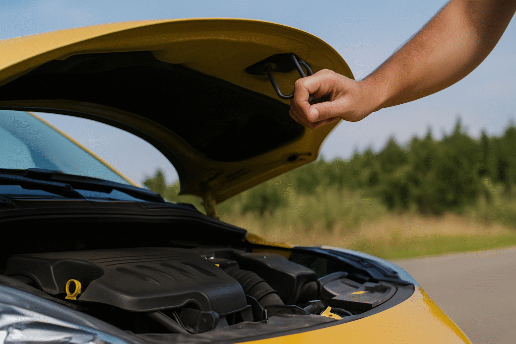 Person washing car under bright summer sun, demonstrating effective summer car maintenance and protection tips