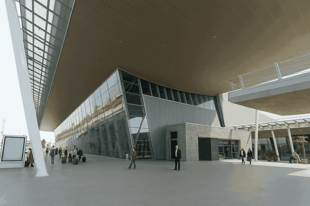 Tirana International Airport entrance with rental car pickup area.