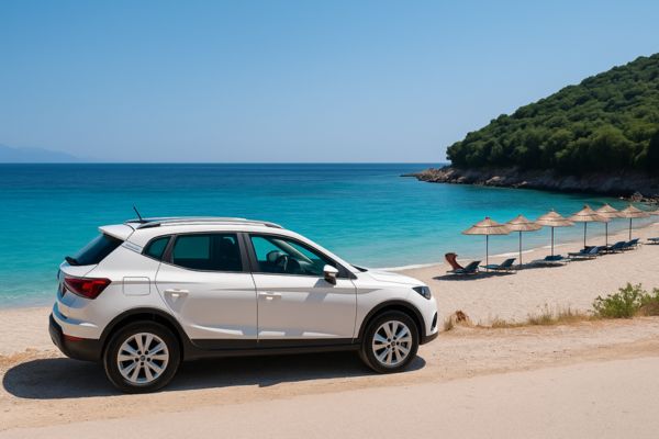 Scenic beach along the Albanian Riviera, easily accessible by rental car, with clear blue water and parked vehicles nearby.