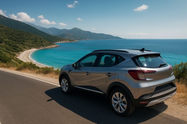 Scenic view of a rental car driving along the Albanian coast during a bright summer day.