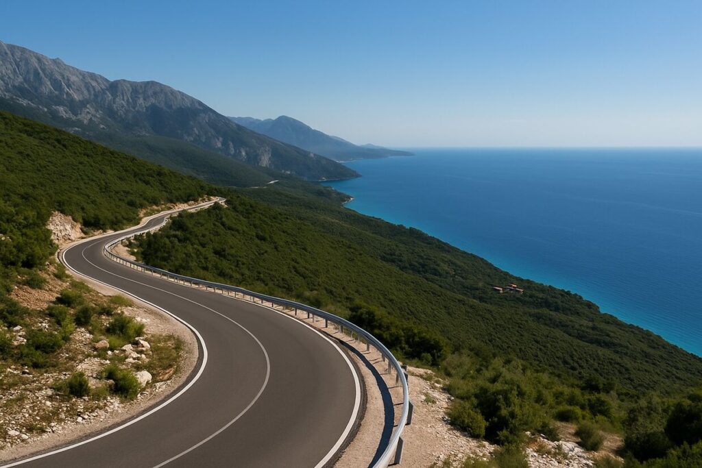 Curving coastal road in Albania with a scenic view of the Ionian Sea and lush green mountains.