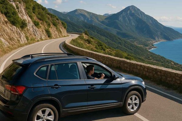 driving-in-albania-tips-for-tourists Tourist driving in Albania on scenic mountain road with SUV