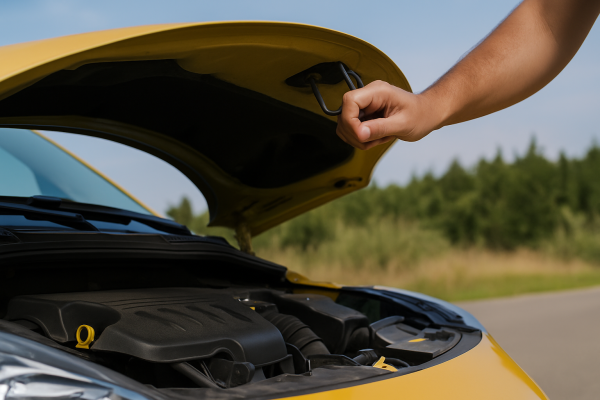 Person washing car under bright summer sun, illustrating summer car care tips for vehicle protection
