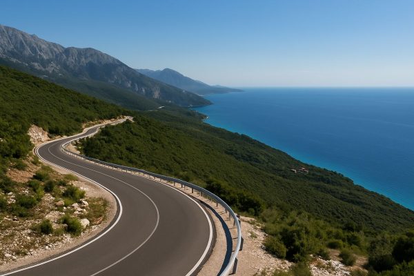 road-trip-riviera-shqiptare Curving coastal road in Albania with a scenic view of the Ionian Sea and lush green mountains.